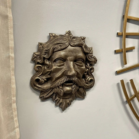 Top Tier Green Man Wall Decor, Slick 9.75 Inch Heavy Duty Cast Iron Plaque, Solid Bronze Finish on wall