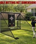 Heavy Duty Golf Hitting Net With Target Cloth 10 X 7.5 Feet Side Barriers Backyard Practice Net set up in a backyard for practice