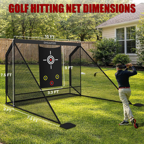 Heavy Duty Golf Hitting Net With Target Cloth 10 X 7.5 Feet Side Barriers Backyard Practice Net set up in a backyard for practice