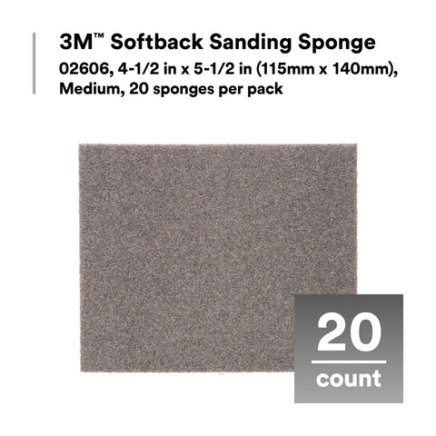 Softback Sanding Sponge Set, 20 Pack, Medium Grit shown with packaging details and size dimensions for versatile sanding.