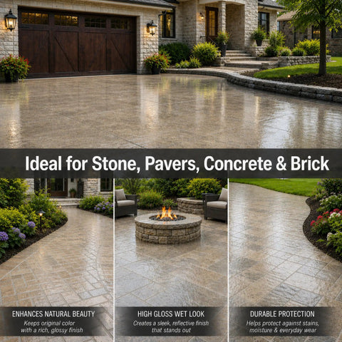 Score Some Serious Shine With This Heavy Duty Wet Look Stone Concrete Sealer That Transforms Cracked Pavers And Patios Into A Show Stopper While Locking Out Moisture Damage In This 4 Oz Trial Pack, showcasing sealed pavers and outdoor patio.