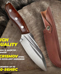 Pocket Fixed Blade Knife With Wood Handle And Leather Sheath on textured wood surface, showcasing steel blade quality.