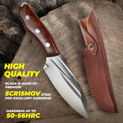 Pocket Fixed Blade Knife With Wood Handle And Leather Sheath on textured wood surface, showcasing steel blade quality.