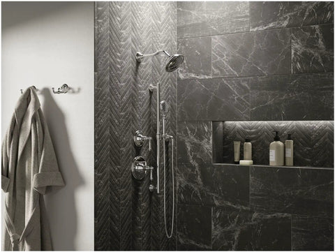 Artifacts Transfer Valve Trim With Lever Handle Polished Chrome KT72770 4 CP ADA Compliant shower with dark tiles