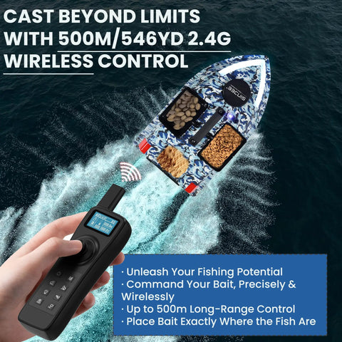 Top view of bait boat with depth and temp sensor, GPS range up to 546 yds, three independent bait tanks, remote control visible