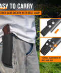 Person wearing a 7 Inch Folding Hand Saw With Wenge Wood Handle And Leather Sheath, showing belt loop adjustment feature.