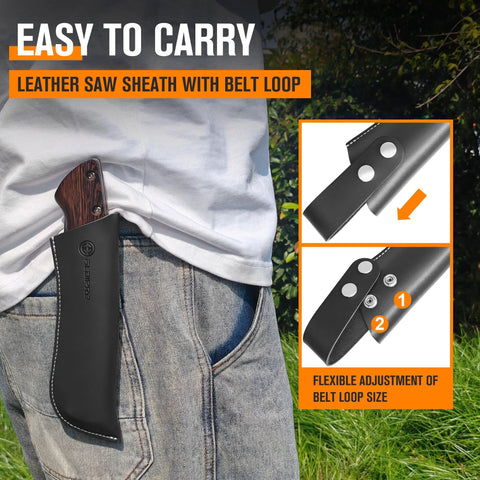 Person wearing a 7 Inch Folding Hand Saw With Wenge Wood Handle And Leather Sheath, showing belt loop adjustment feature.