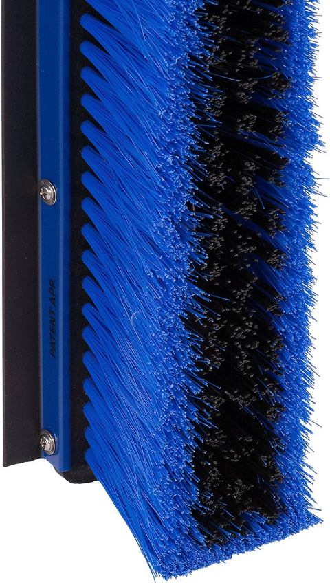 No Nonsense Commercial Floor Sweep With Integrated Squeegee Includes Sixty Inch Three Piece Aluminum Handle And 24 Inch Broom Head, detailed view of blue broom bristles.