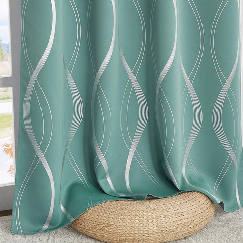 Aqua Blue 100 Percent Blackout Curtain Panels With Wave Pattern 84 Inches Long 2 Pieces 52 Inches Wide Thermal Insulated Grommet Drapes