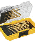 DEWALT 21-piece titanium nitride drill bit set in yellow plastic case with clear lid