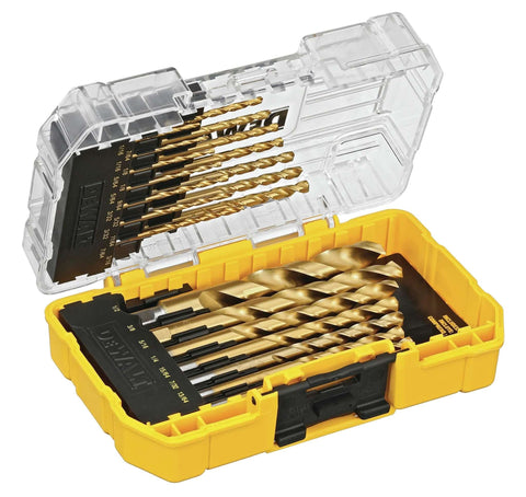 DEWALT 21-piece titanium nitride drill bit set in yellow plastic case with clear lid