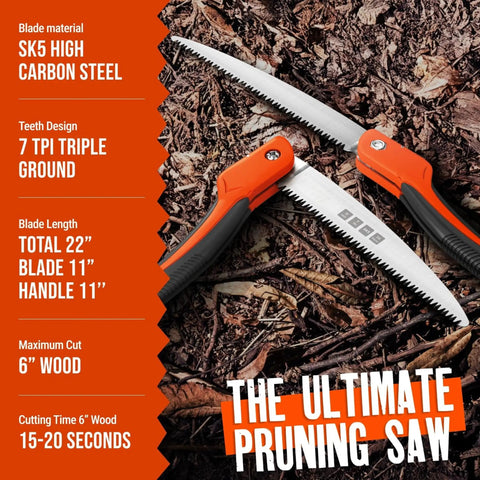 11 Inch Folding Camping Saw With Heavy Duty Pruning Blade on forest floor showing SK5 steel blade and orange handle