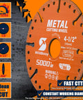 Diamond cutting wheel, 4-1/2 inch diameter with 7/8 inch arbor, orange metal cut-off disc.