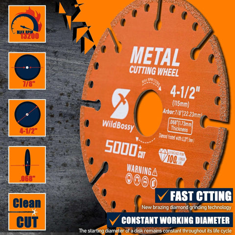 Diamond cutting wheel, 4-1/2 inch diameter with 7/8 inch arbor, orange metal cut-off disc.
