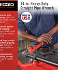 Heavy Duty 14 Inch Straight Pipe Wrench With Forged Alloy Jaws For Fast Gripping And Quick Ratcheting Action 2 Inch Pipe Capacity Red Plumbers Wrench Built For Pro And Home Use In Tight Spots in use
