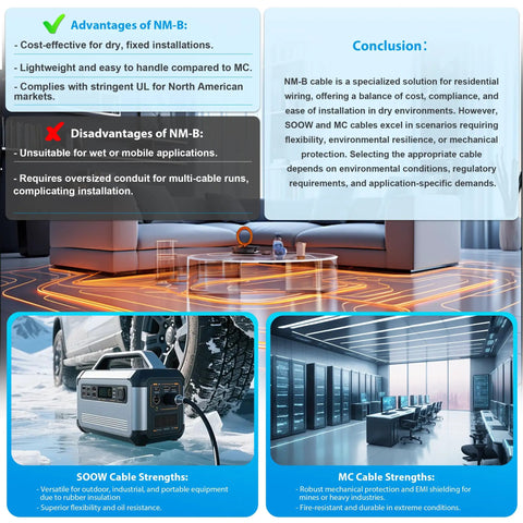 Image showcasing NM-B cable advantages and disadvantages, emphasizing cost-effectiveness and installation ease.