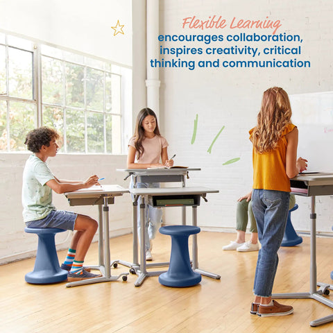 Twist Active Wobble Stool for flexible classroom seating and collaboration, 18 inch seat height, navy color, encourages teamwork