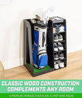 Premium Wooden Golf Bag Organizer And Storage Rack In Black That Keeps Your Gear Neatly Stored And Ready To Roll, Fits One Full Size Golf Bag, Four To Five Pairs Of Shoes And Accessories, Solid Wood Cabinet With A Modern, Sleek Look