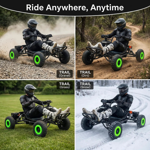 Electric Go Kart For Adults And Teens With Long Range Up To Thirty Miles Peak Two Thousand Five Hundred Watt Off Road Go Kart Beast Three Speed Modes on various terrains