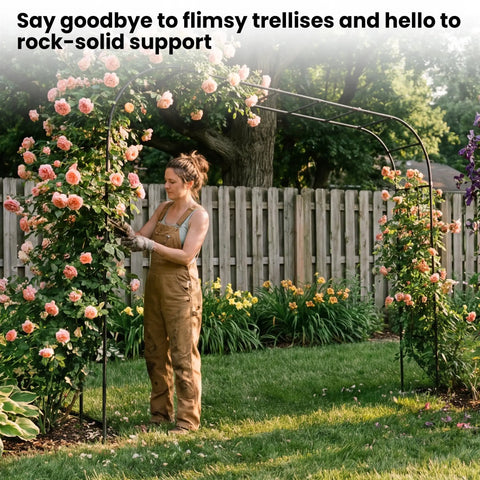 Woman tending climbing plants on extra large garden arch trellis heavy duty galvanized metal driveway archway in yard