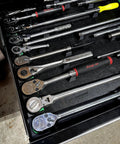MagAttach Magnetic Ratchet Tool Tray Organizer Kit 3 Piece Set in green and black holding various tools in a drawer