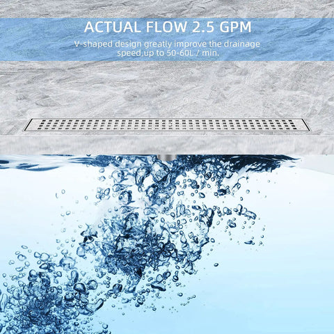 60 Inch Linear Shower Drain In Brushed Nickel V Shaped Large Displacement 304 Stainless Steel Rectangular Floor Drain with water flow