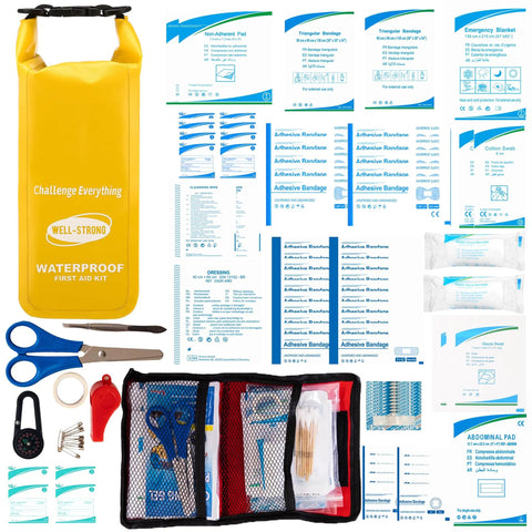 Waterproof Boat First Aid Kit With Roll Top Dry Bag for Marine Adventures showing contents and yellow bag.