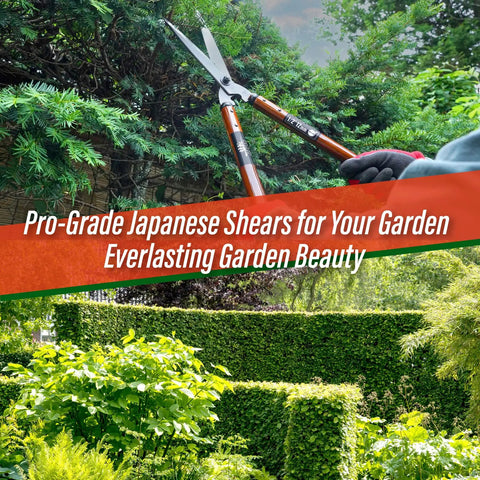 Person using Pro Grade Hedge Shears 22.6 Inch for precise hedge trimming and shaping in a lush garden setting.