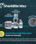 Heavy Duty 1/2 X 1/2 X 3/8 Inch Dual Outlet Angle Stop Valve Quarter Turn Push To Connect Brass Fitting Zero Sweat Install On Pex Copper Cpvc Pert Pipes Plug And Play Smooth As Butter with clear labeling.