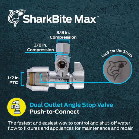 Heavy Duty 1/2 X 1/2 X 3/8 Inch Dual Outlet Angle Stop Valve Quarter Turn Push To Connect Brass Fitting Zero Sweat Install On Pex Copper Cpvc Pert Pipes Plug And Play Smooth As Butter with clear labeling.