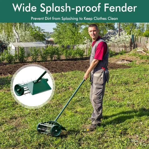 Rolling Lawn Aerator With Fender And 18 Inch Spike Roller, 50 Inch Anti Slip Handle, user showcasing no-bend operation