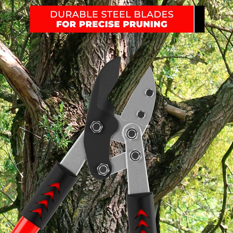 19-inch aluminum anvil lopper with compound action cutting thick tree branch in forest setting for pruning work