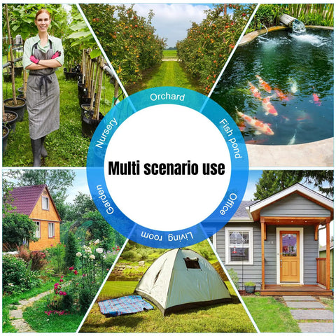 Multi-scenario use image featuring nursery, orchard, fish pond, garden, living room, office, and tent camping site outdoors.