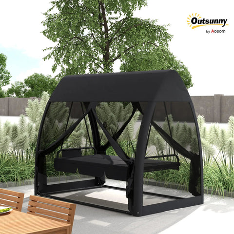 3 Seat Outdoor Patio Swing Daybed With Convertible Backrest, Cozy Cushions, Built In Canopy, Side Pocket And Mesh Netting For Porch, Garden Or Backyard, Kick Back Lounge For Up To Three Adults Gray under trees