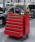 Heavy Duty Red Rolling Tool Chest On Wheels Locking Four Drawer Setup Full Extension Ball Bearing Drawers Cold Rolled Steel in workshop.