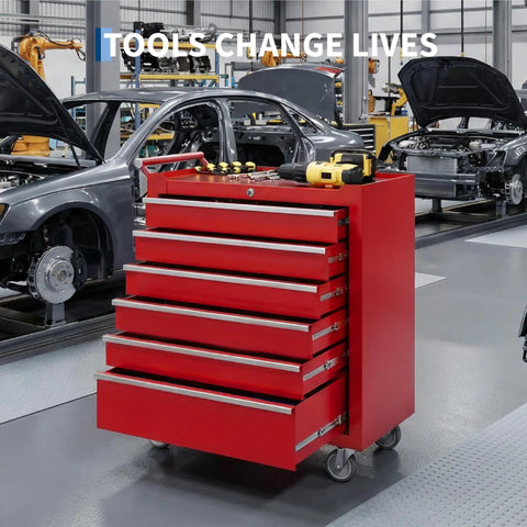 Heavy Duty Red Rolling Tool Chest On Wheels Locking Four Drawer Setup Full Extension Ball Bearing Drawers Cold Rolled Steel in workshop.