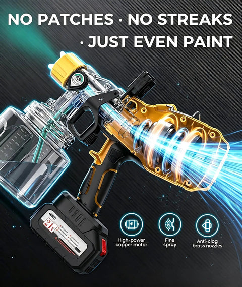 Heavy Duty Cordless Paint Sprayer For House Painting With Two 4000 Mah Batteries and No Strings Attached Design showcasing motor and spray features.