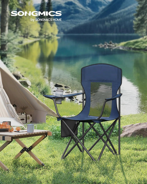 2 Pack Breathable Camping Chairs With High Back next to a tent by a lake, showing adjustable armrests and cup holder