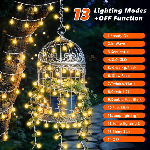 Rechargeable Camping String Lights 33Ft 100 LED Globe Bulbs Warm White With Timer around metal cage outdoors