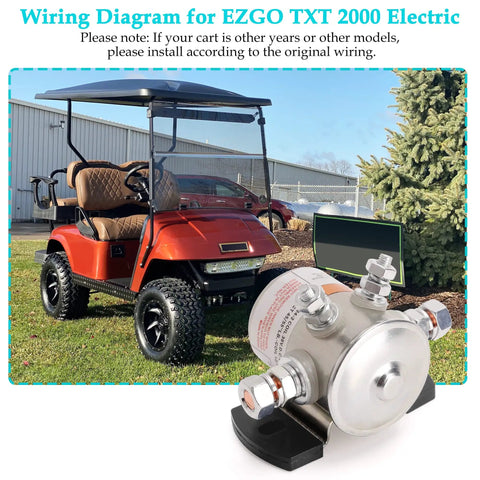 Heavy Duty 36 Volt Solenoid Relay For EZGO Golf Carts 4 Terminal SPNO Continuous Duty Replacement For TXT Medalist in front of an EZGO cart
