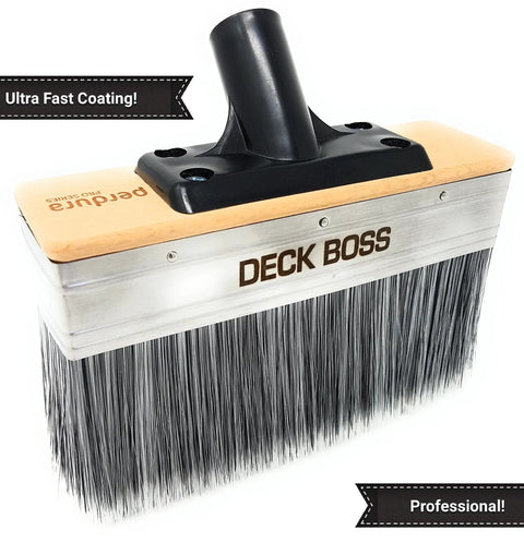 Deck Boss 7 Inch Deck Stain Brush Applicator for wood, concrete, and composite coatings with black handle and silver bristles.