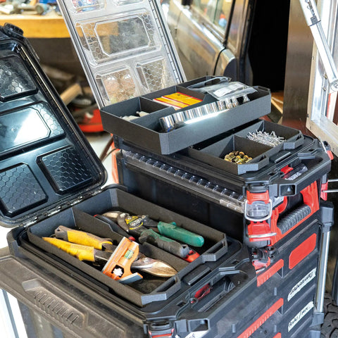 Four Compartment ABS Tool Tray For Milwaukee Packout Compatible Half Width Boxes A Pro Grade Durable Organizer shown in use