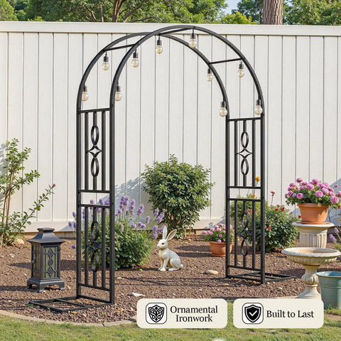 Heavy Duty Metal Garden Arch With Enlarged Base For Stability Garden Trellis For Climbing Plants Go-To Wedding Arch And Party Decoration 55 Inches Wide By 87 Inches High Outdoor Archway For Entryways And Pathways in garden setup with lights