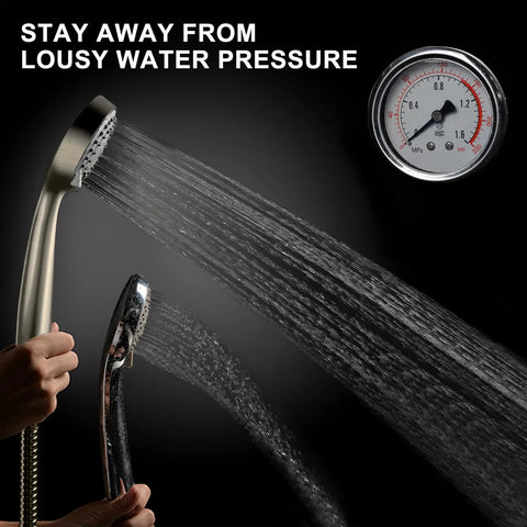 Person holding high pressure handheld shower head with powerful spray, compared to normal shower, shows low water pressure issue