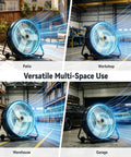 Heavy Duty High Velocity Drum Fan Pumping Out Serious Chill For Garage Shop Warehouse And Patio With Badass 8800 CFM Airflow And Three Speed Settings in patio, workshop, warehouse, and garage settings.
