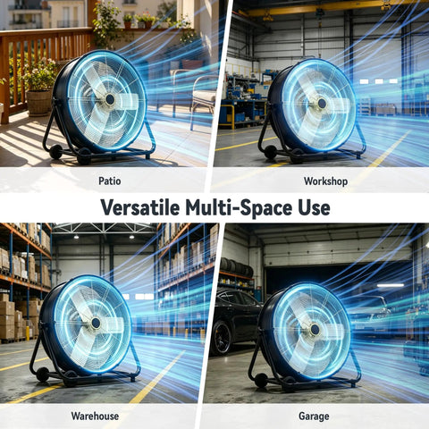 Heavy Duty High Velocity Drum Fan Pumping Out Serious Chill For Garage Shop Warehouse And Patio With Badass 8800 CFM Airflow And Three Speed Settings in patio, workshop, warehouse, and garage settings.