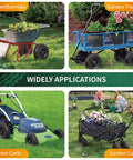 Collage showing applications of 10 Inch Solid Heavy Duty Rubber Dolly Tire Wheels with wheelbarrow, garden trolley, lawn carts.