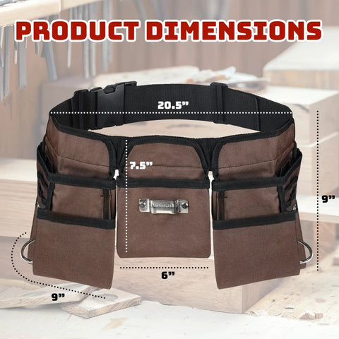 Dimensions of Tough As Nails Heavy Duty 19 Pocket Tool Belt And Work Apron shown with adjustable 20.5-inch web belt