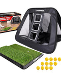 Double Sided Golf Chipping Net with Practice Mat and 12 Foam Balls for Indoor and Outdoor Golf Training, box, and setup