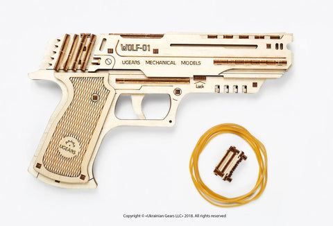 Wolf 01 Handgun 3D Wooden Puzzle Kit For Adults With Mechanical Moving Parts And Realistic Wood Model Gun Brain Teaser And Hobby Set, wooden pistol parts with rubber bands